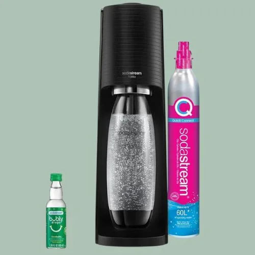 Sodastream - TERRA Black Sparkling Water Maker & lime bubly drop | Turn sparkling water into your favourite drinks | Quick Connect CO2 | Eco-Friendly Reusable Bottle | Stylish Kitchen Appliance