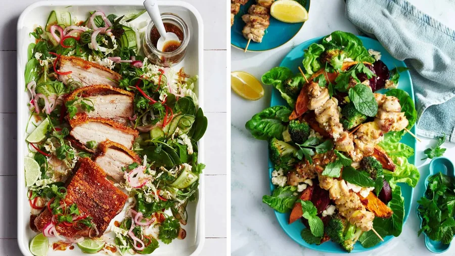 Air fryer dinner recipes, images of air fryer pork belly salad and air fryer chicken skewers