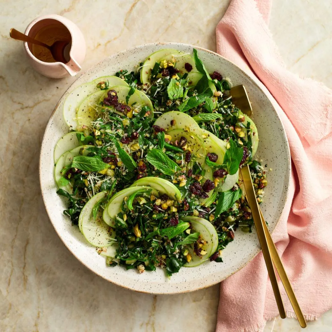 Easy apple slaw with silverbeet in a serving bowl