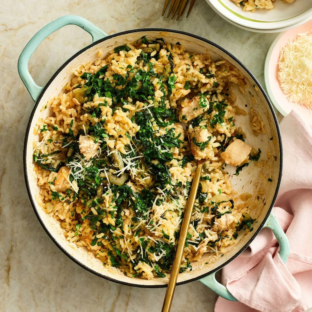 Baked risotto with chicken & silverbeet