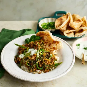 Curried mince keema with silverbeet and rice