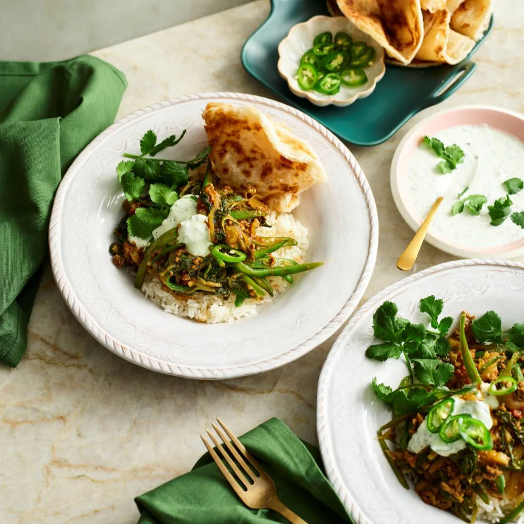 Curried mince with silverbeet & rice