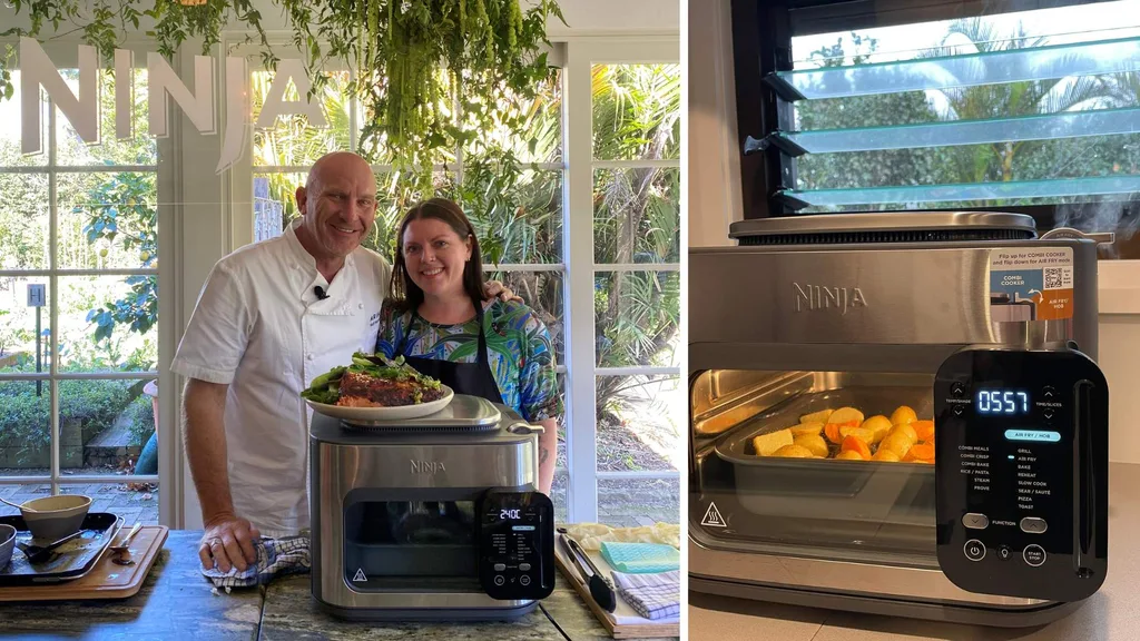 Left: Matt Moran and Chanel Gellin at the Ninja Combi 14-In-1 Multicooker launch event. Right: Testing the Ninja Combi in a home setting.
