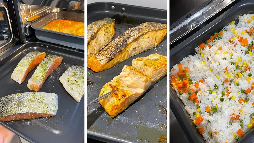 Crispy skin salmon, rice and vegetables cooked in 14 minutes.