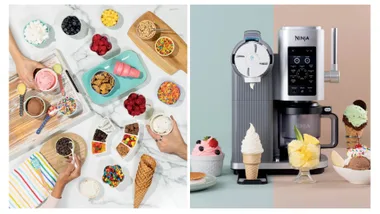 A split image. On the left, a top-down view of various ice cream toppings and prepared bowls of ice cream. On the right, a close-up of the Ninja CREAMi Swirl machine with three finished frozen desserts.