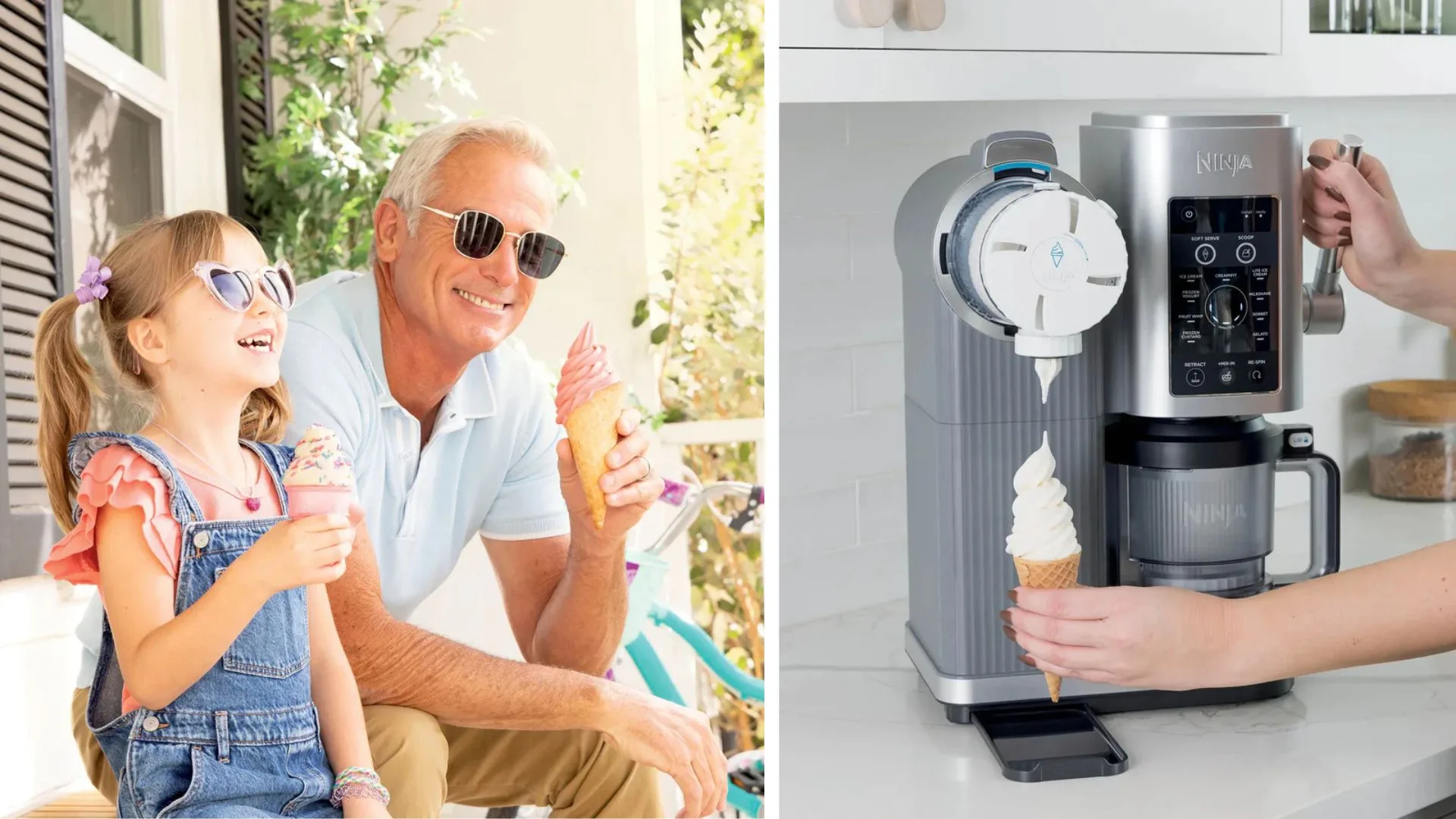 A split image. On the left, a grandfather and granddaughter wearing sunglasses sit on a porch, each holding and looking at a soft serve ice cream cone. On the right, hands are shown holding a waffle cone under the Ninja CREAMi Swirl machine as it dispenses vanilla soft serve.
