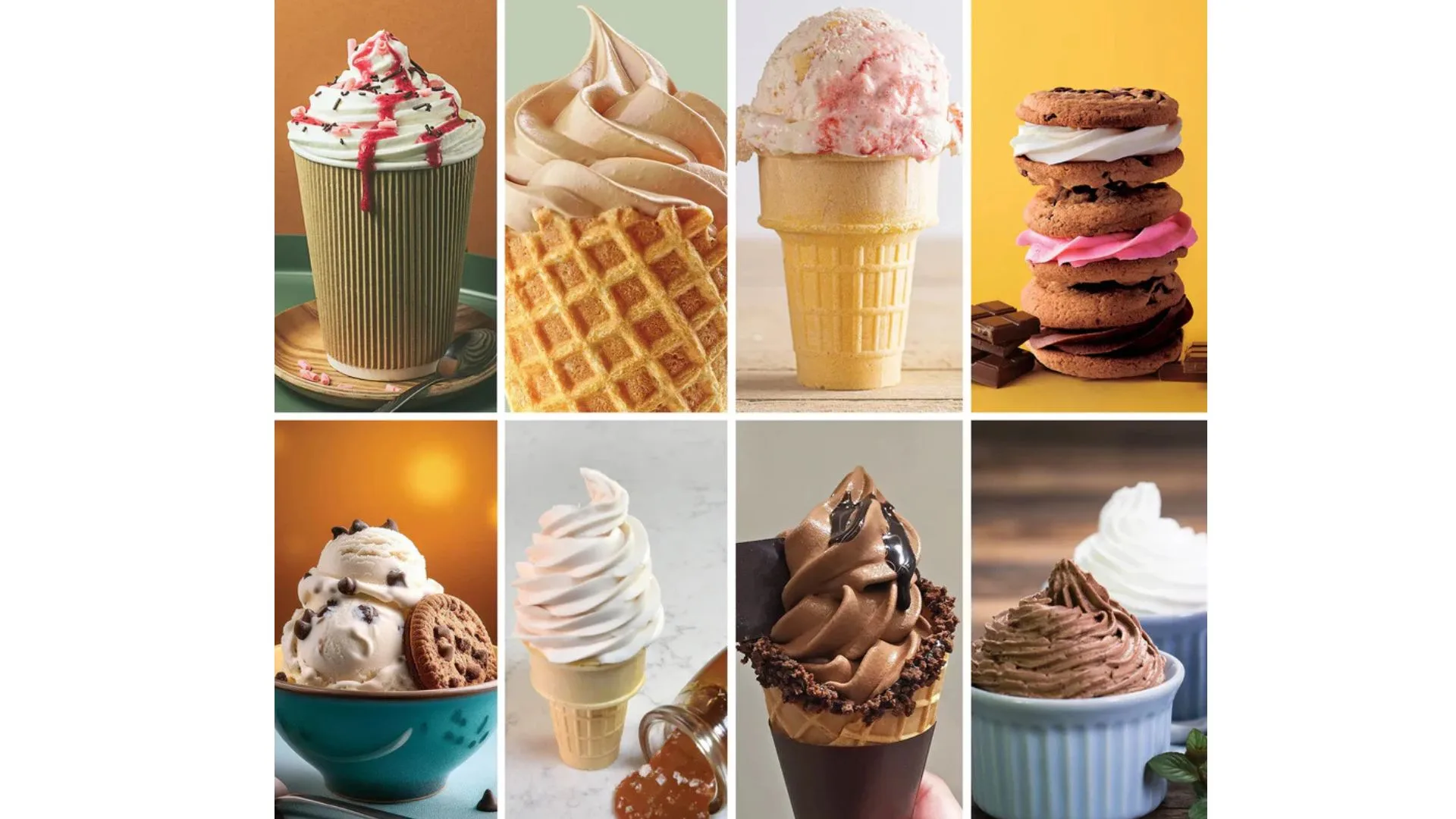 A grid of eight frozen desserts, including soft serve in cones and bowls, ice cream cones, a cookie stack and a drink with whipped cream.