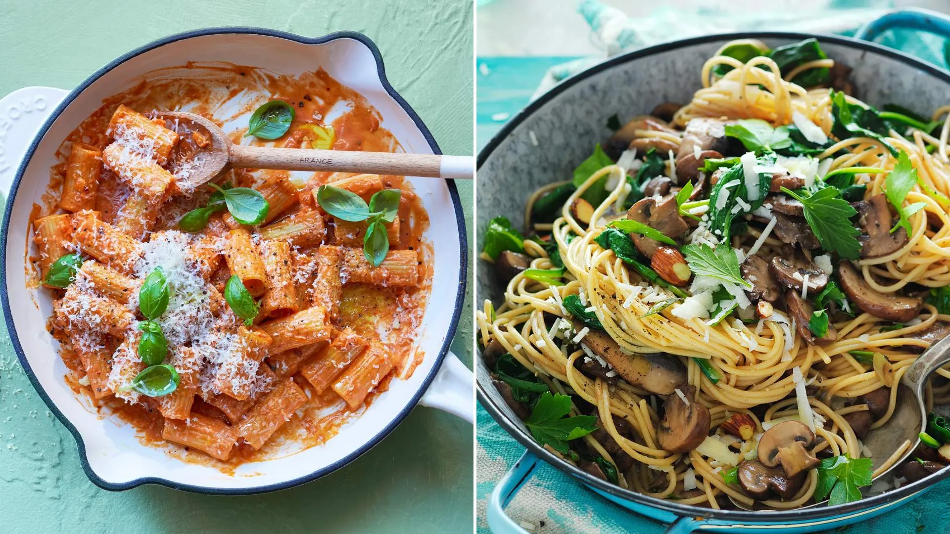 Pasta alla vodka and Pasta with spinach, mushrooms and almonds, two quick pasta recipes