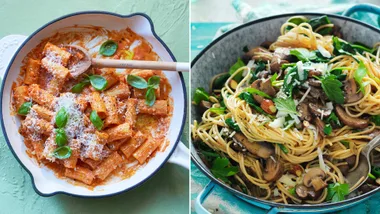 Pasta alla vodka and Pasta with spinach, mushrooms and almonds, two quick pasta recipes
