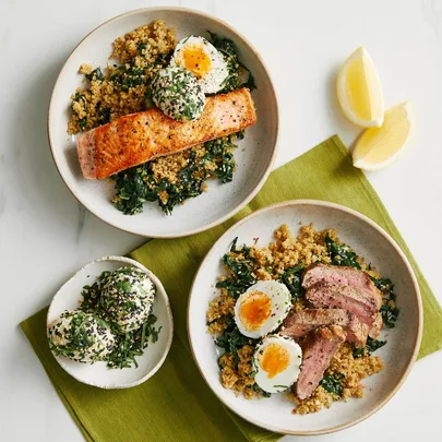 Protein bowl with quinoa tabbouleh