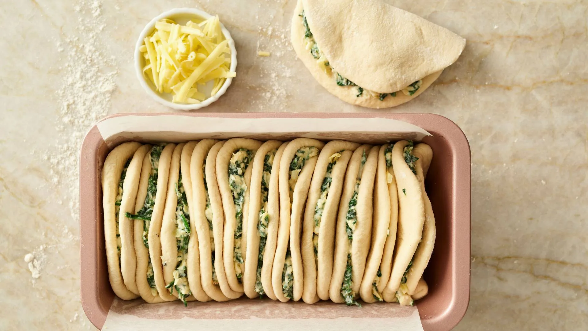 Spinach & cheese pull apart bread in loaf pan