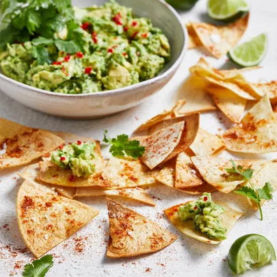 Air fryer tortilla chips with guacamole