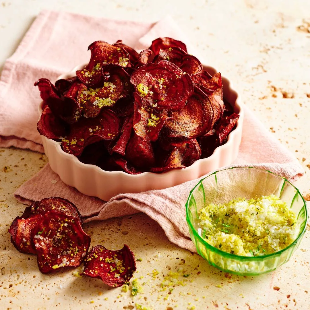 Beetroot chips with citrus & rosemary salt