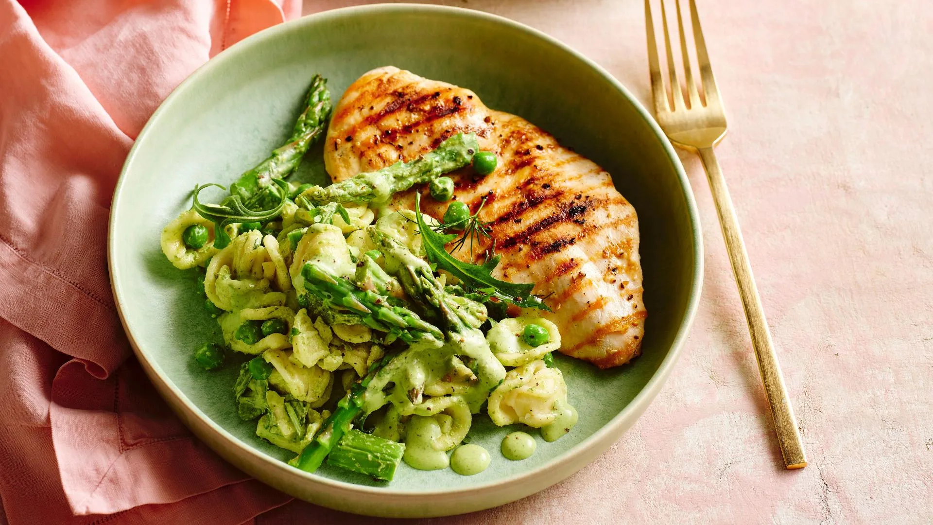 green goddess pasta salad with grilled chicken