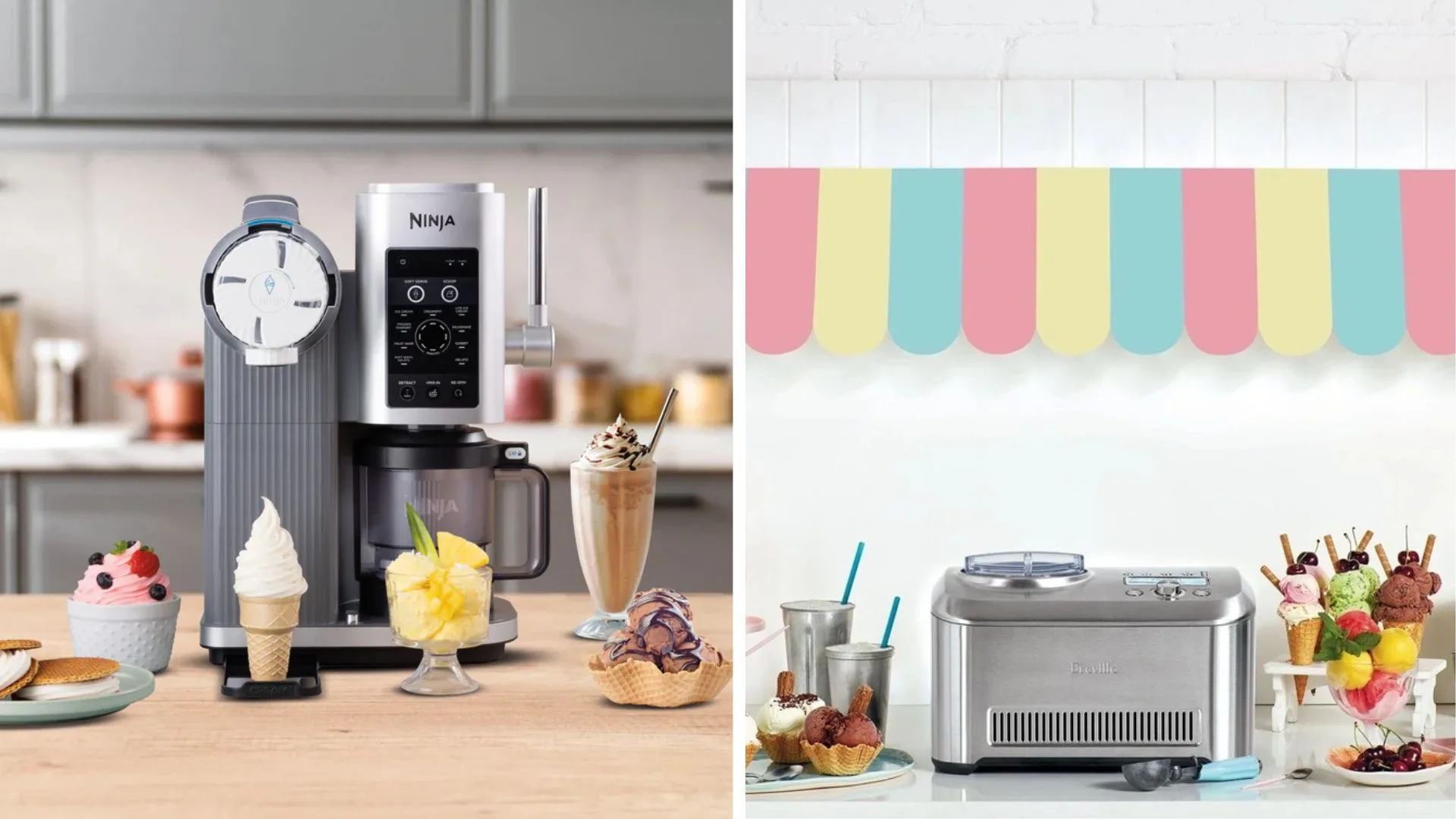 A split image showing two different ice cream makers. On the left, a silver Ninja Creami machine with a black control panel sits on a wooden counter, surrounded by a waffle cone, a small bowl, and a tall milkshake glass. On the right, a silver Breville Smart Scoop ice cream maker is also on a counter, with multiple scoops of colourful ice cream in cones and bowls next to it.