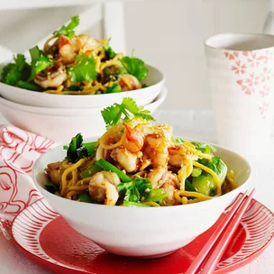 Julie Goodwin's honey prawn stir fry with noodles in a bowl