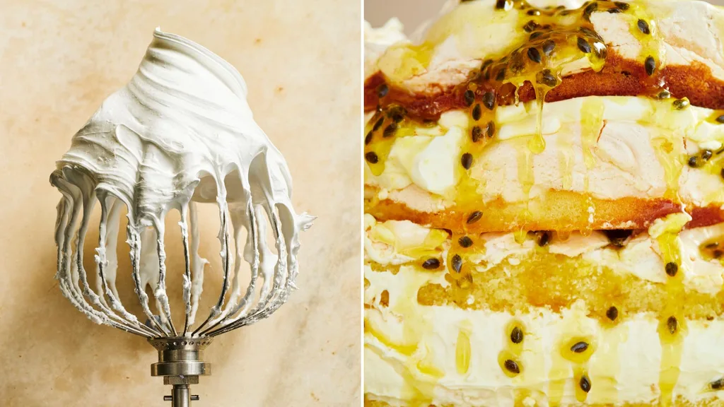 Meringue on a whisk; passionfruit meringue cake close up