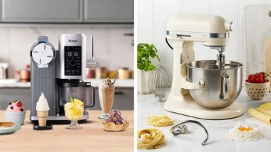 A split image showing a Ninja CREAMi Swirl on the left, which is dispensing soft-serve ice cream, next to various frozen treats. On the right is a cream-coloured KitchenAid Artisan stand mixer with attachments, surrounded by ingredients for making pasta.