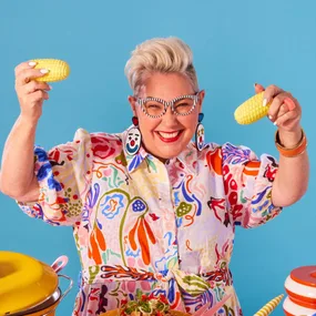 Steph De Sousa with corn cobs from veggie nachos recipe