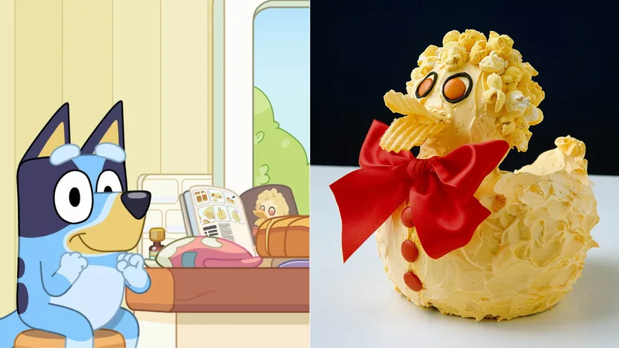 Bluey episode still and the Duck Cake