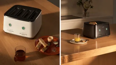 Left: A white Breville Eye Q Auto 4-slice toaster on a wooden table with tea, an egg, and toast. Right: A dark brown Breville Eye Q Auto 4-slice toaster on a wooden counter with orange juice and toast.