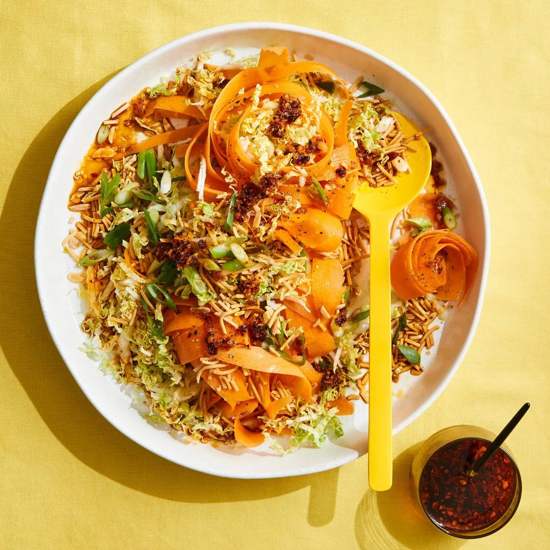 Crunchy carrot salad with wombok and crispy noodles