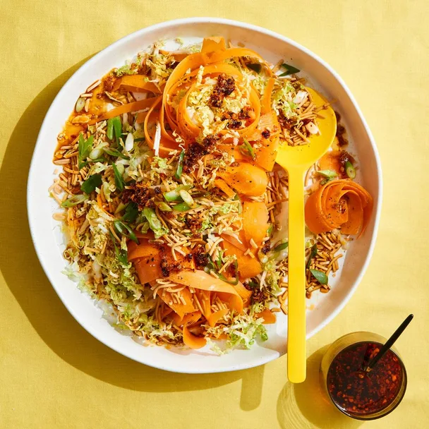 Crunchy carrot salad with wombok and crispy noodles