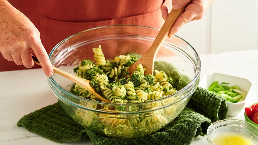 Tossing pesto through the pasta