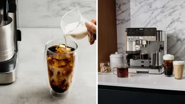 A two-part image showing the Ninja Caf&eacute; Deluxe coffee machine. On the left, milk is being poured into a tall glass of iced coffee. On the right, the silver and black espresso machine is on a white counter next to a mug and two glasses of coffee drinks.