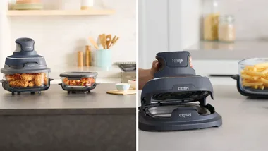 The compact Ninja CRISPi air fryer. The left side shows two units on a kitchen counter: the main unit is air frying crispy chicken pieces, and a smaller glass container is holding cooked vegetables. The right side shows a close-up of the main dark grey heating unit being lifted off its base, with a separate glass bowl full of uncooked hot chips visible to the side.