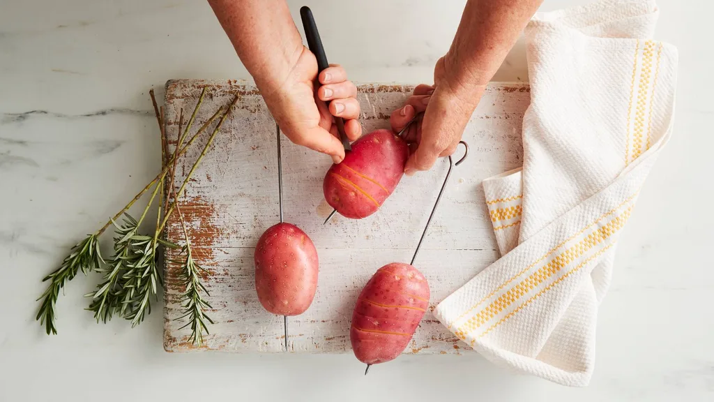 With skewer in place, use a small paring knife to spiral-cut potato