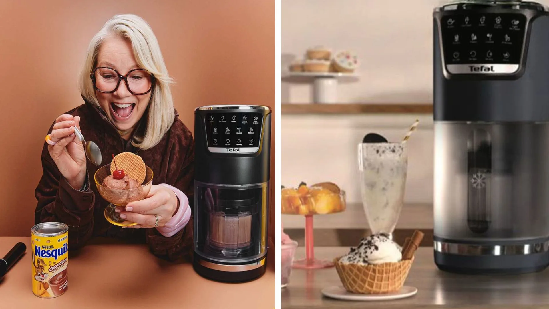 Split-screen image: Left, a happy woman eating chocolate ice cream next to a Tefal Dolci ice cream maker and a can of Nesquik. Right, the black Tefal machine with a milkshake and ice cream in a waffle bowl.