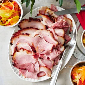 sliced ham on a platter