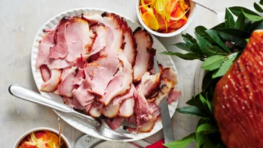 sliced ham on a platter