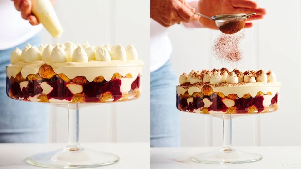 Making cherry tiramisu, pipe or dollop over whipped cream and dust with sifted cocoa.