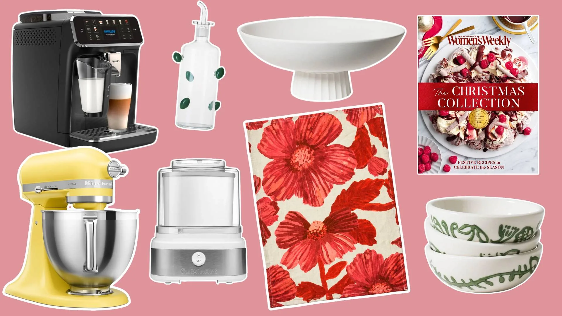 A collage of kitchen appliances and homewares showing gifts for foodies