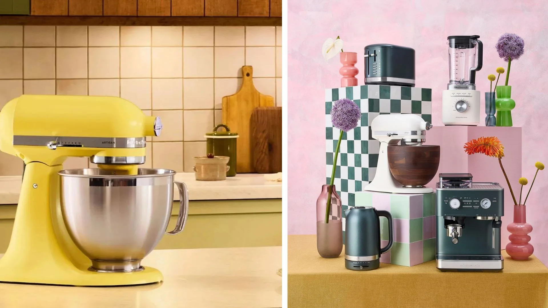 Split image showing a yellow KitchenAid Artisan stand mixer on the left and a collection of various KitchenAid appliances (mixer, blender, toaster, espresso machine, kettle) in different colours arranged on colourful blocks on the right.