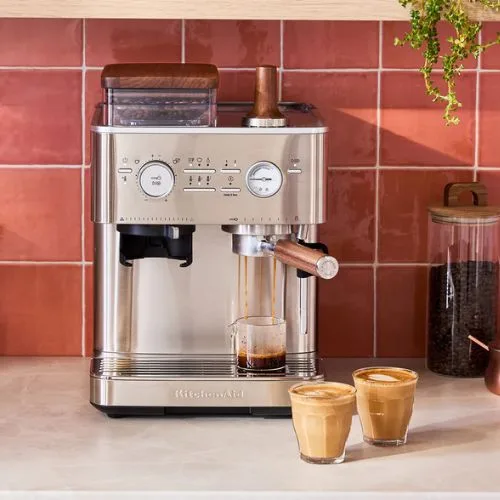KitchenAid Semi Automatic Espresso Machine & Walnut Wood Accessories Bundle in stainless steel (metallic) colour