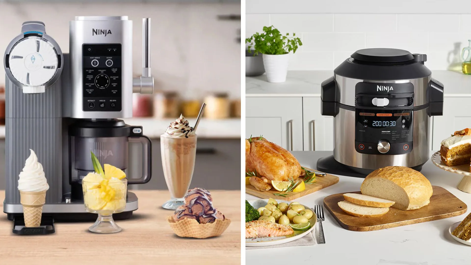 A split image showing two Ninja kitchen appliances: on the left, the silver and black Ninja CREAMi ice cream maker with various frozen treats, and on the right, a black and silver Ninja Foodi multi-cooker surrounded by cooked food including a roasted chicken, bread and cake.