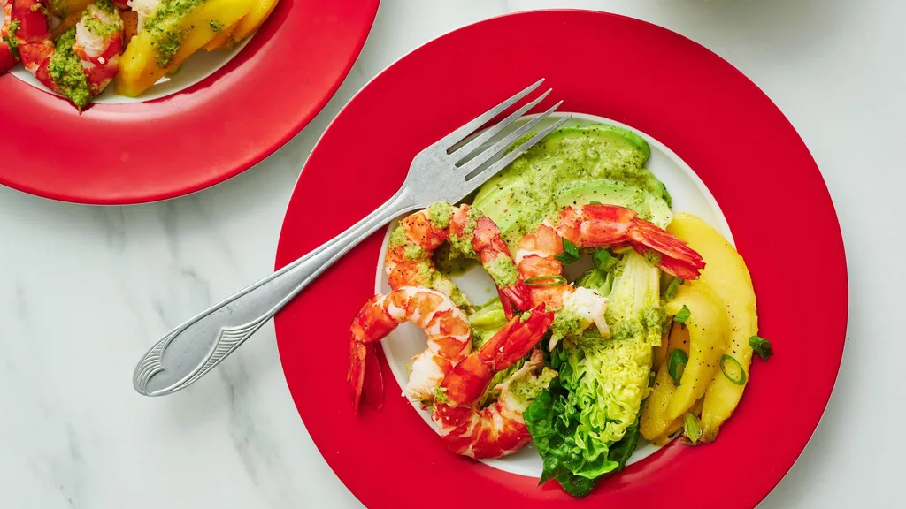 prawn mango avocado salad on a plate