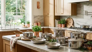 A comprehensive stainless steel cookware set, including stock pots, saucepans, and skillets, arranged on a marble kitchen island in a bright, modern kitchen.