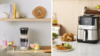 Split image featuring Tefal kitchen appliances: on the left, a Tefal Dolci Ice Cream Maker with servings of ice cream; on the right, a silver Jamie Oliver by Tefal Air Fryer displaying a temperature of 180 degrees, surrounded by prepared food.