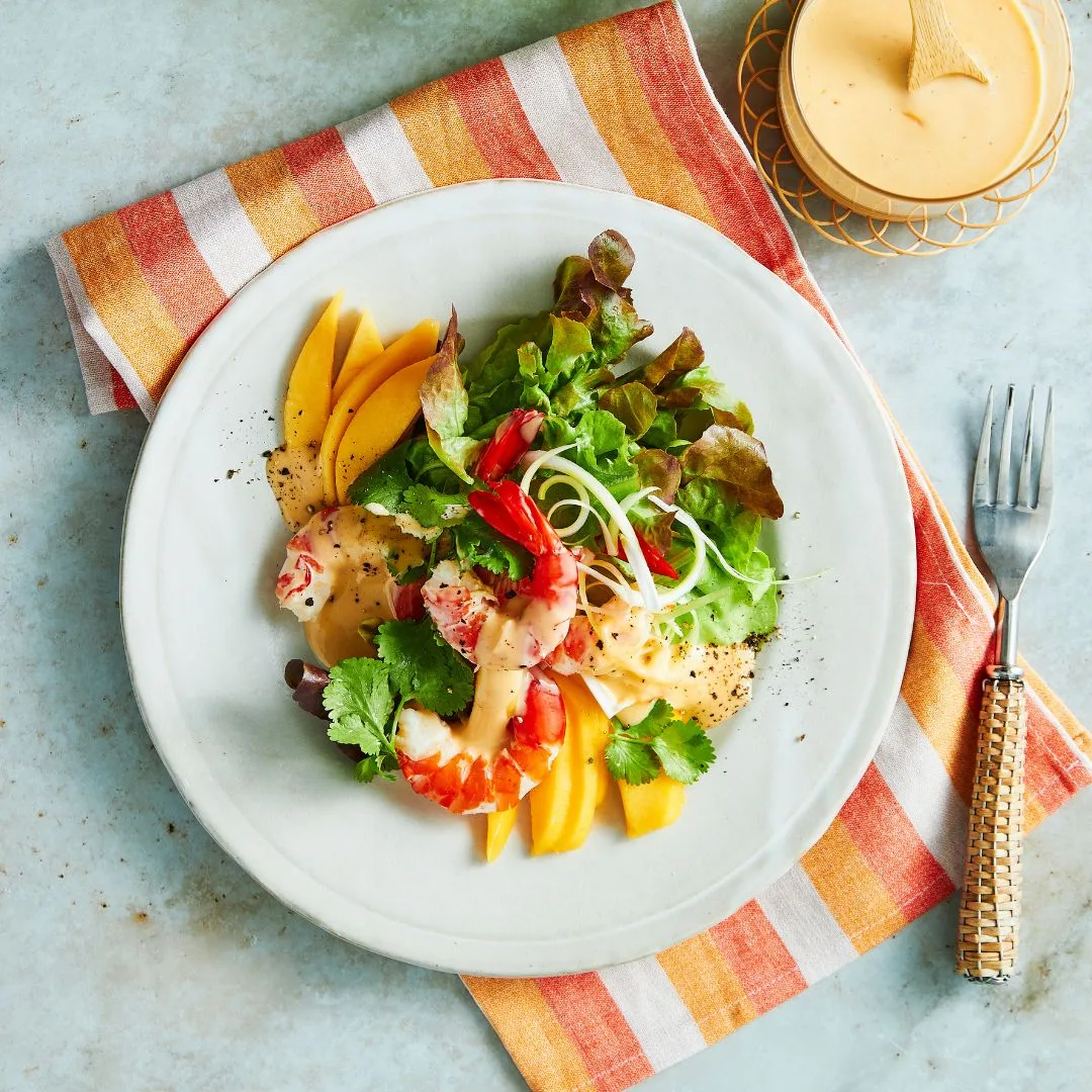 A single serve of Julie Goodwin's no cook prawn and mango salad