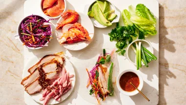 ingredients for rice paper roll recipe on a chopping board