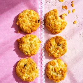 cornflake cake mix cookies on a pink cloth