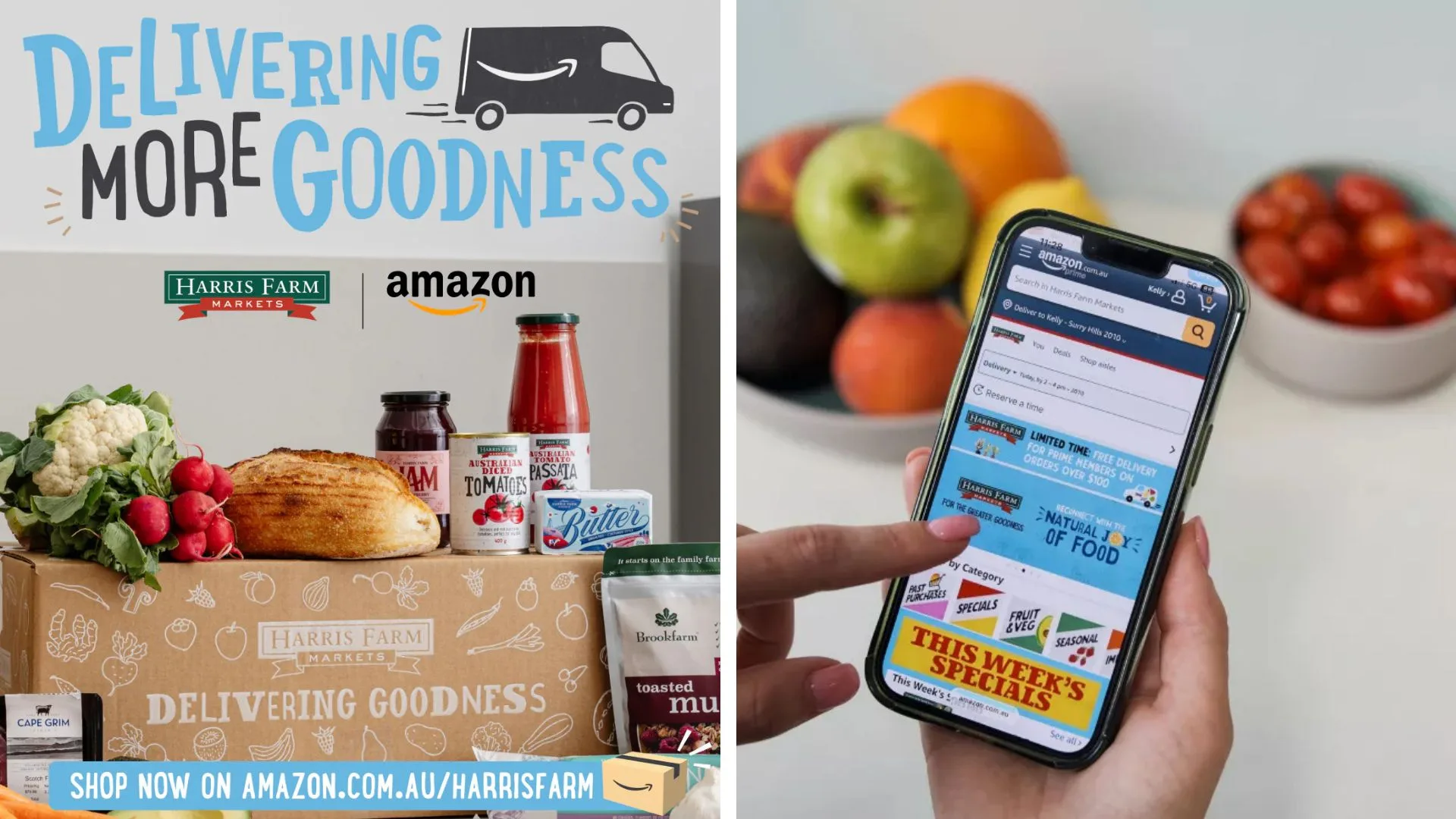 A split image showing a box of Harris Farm groceries and a smartphone displaying the Amazon shopping app - Harris Farm Amazon