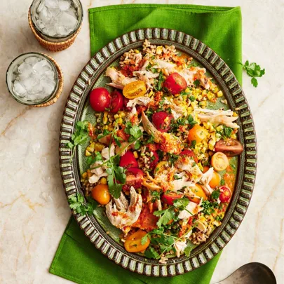 Barbecue chicken salad with rice & chargrilled corn