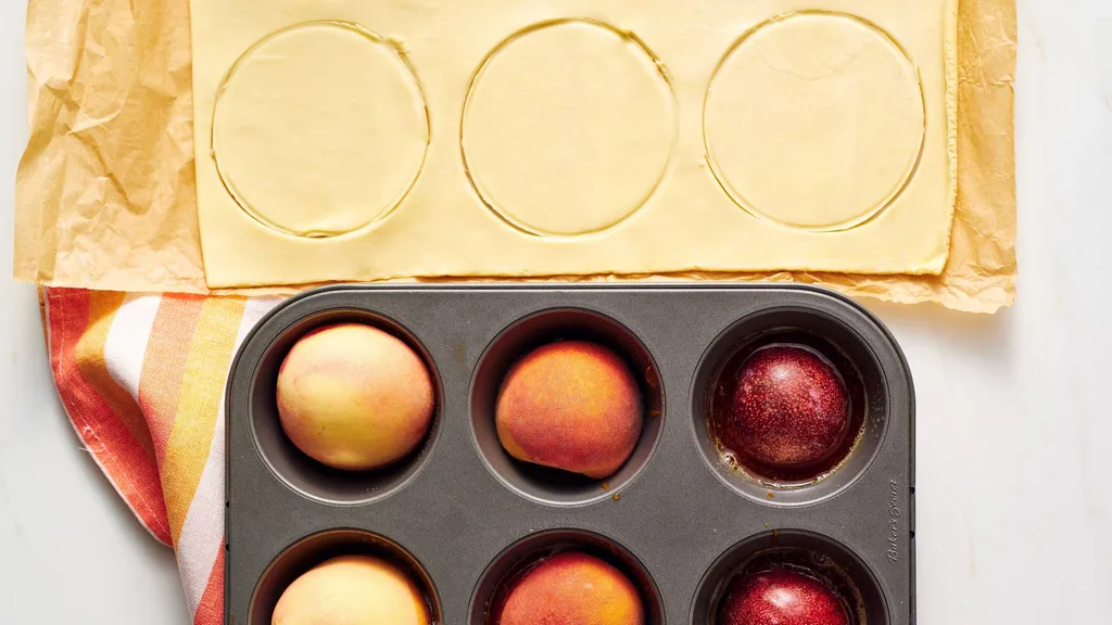 Carême All Butter Puff Pastry and stone fruit in a muffin pan