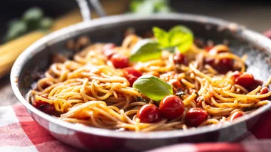 Close-up of pasta with tomato sauce, whole cherry tomatoes, and basil leaves in a silver skillet on a red checkered tablecloth.