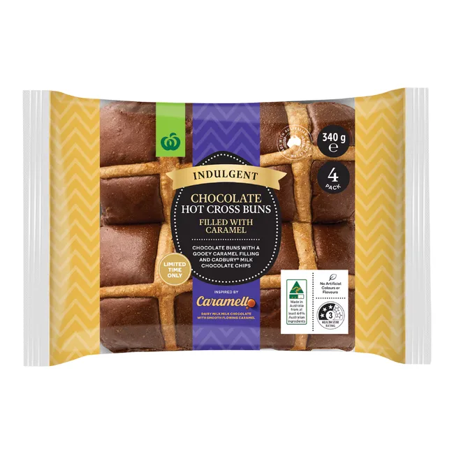 packet of Hot Cross Buns filled with Caramel, inspired by Caramello &ndash; Woolworths